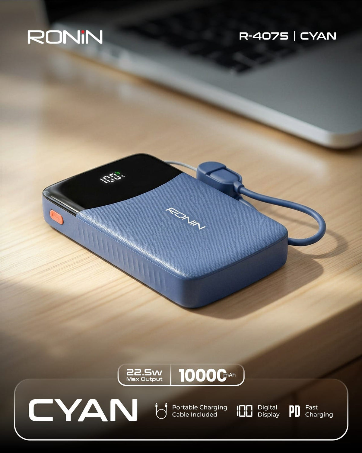 RONIN R-4075 CYAN Power Bank 10000mAh 22.5W PD Fast Charging with Built-in Cable & Digital Display