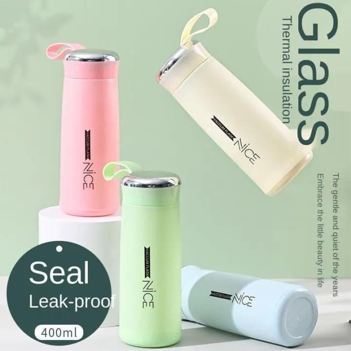 NICE Vacuum Flask 400ml - Thermal Insulation Glass Water Bottle - Hot and Cold - Leak Proof With Carry Loop