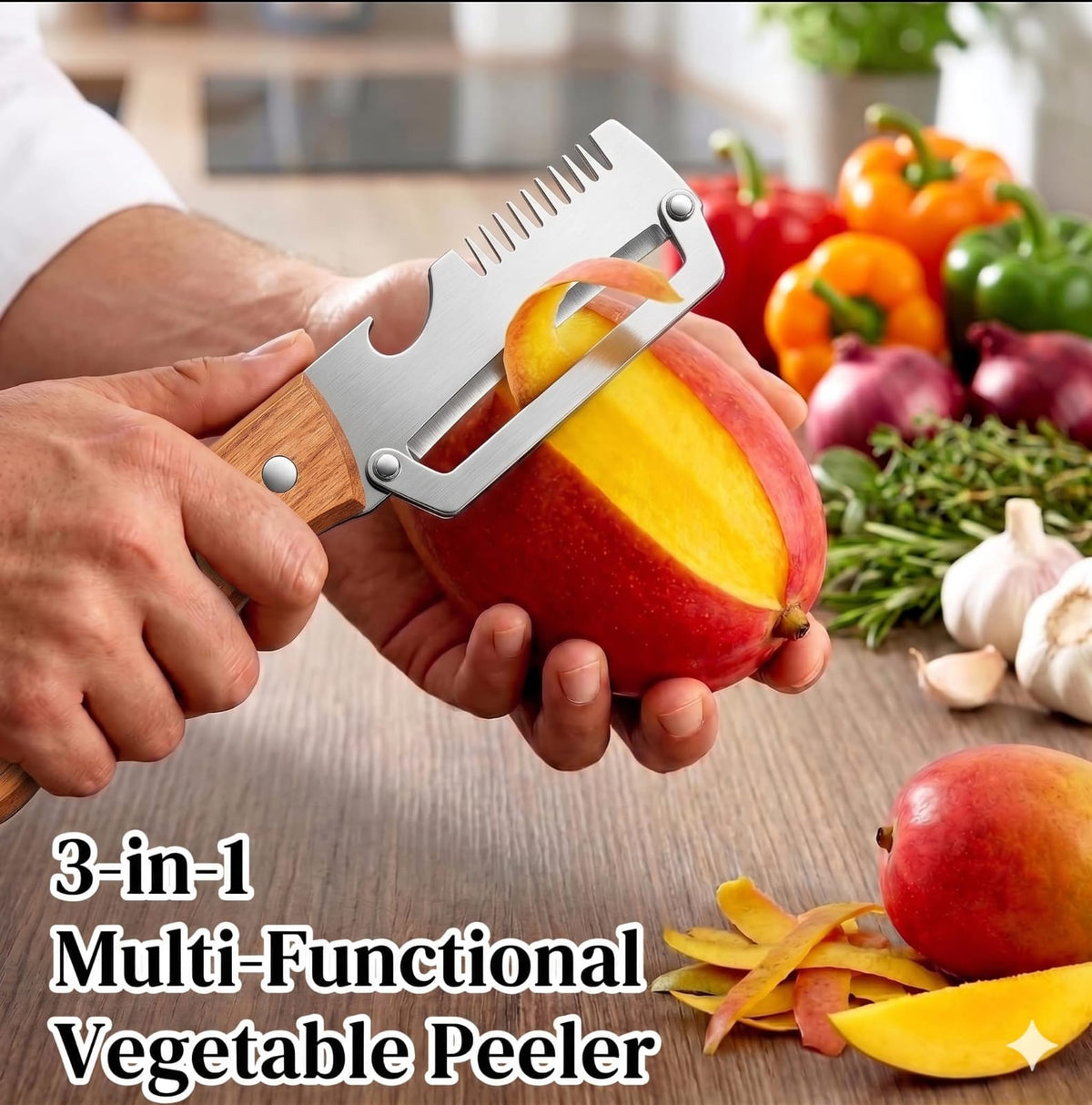 3 In 1 Wooden Peeler - Grater & Bottle Opener