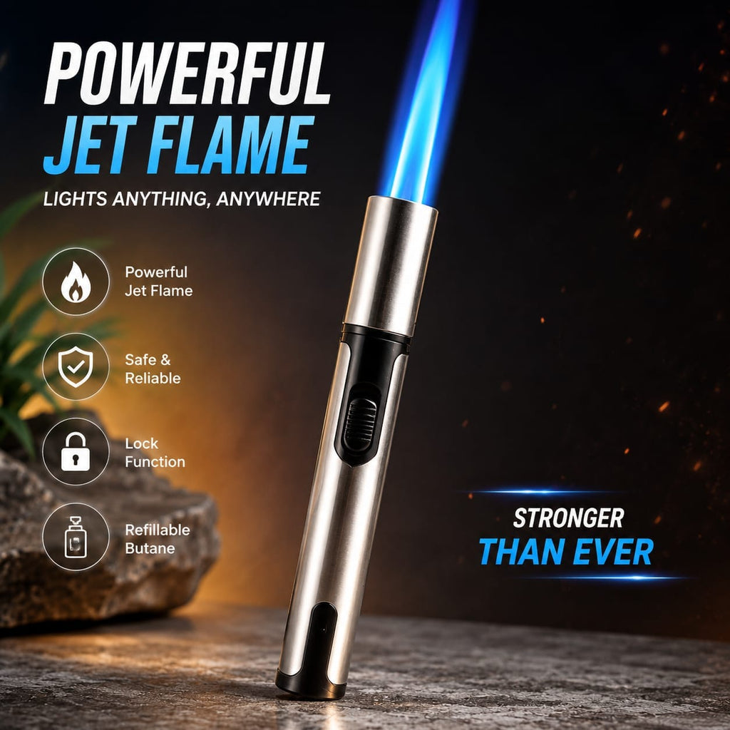 Powerful Jet Flame Lighter - Refillable Butane Gas Lighter - Windproof Jet Blue Flame Lighter With Safety Lock - Metal Lighter For Kitchen BBQ Camping