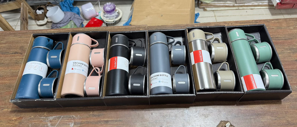 Vacuum Flask Set With 2 Cups - 500ml Stainless Steel Hot and Cold Thermos Flask - 3 in 1 Gift Box Set - Travel Flask Set For Tea Coffee